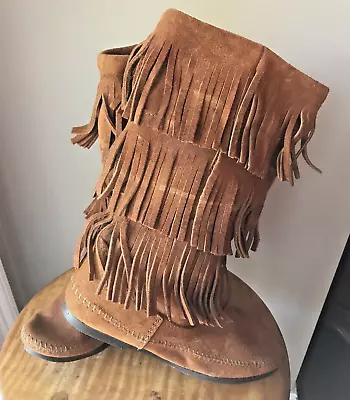 Minnetonka Womens 3-Layered Fringe Suede Boots - Size 9 - Brown • $25.95