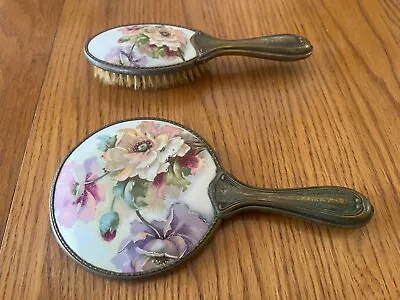 Victorian 1900's Roses Porcelain Hand Mirror And Brush Set • $75