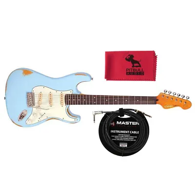$599 • Buy Vintage V6MR Icon Series Distressed SSS Guitar, Laguna Blue W/ Cable & Cloth