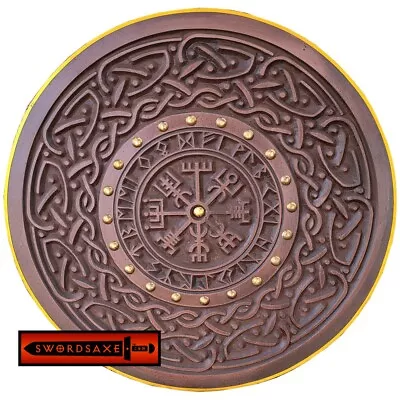 Viking Norse Runes Helm Of Awe Aegishjalmur Celtic Pattern Wooden Round Shield • $99.99