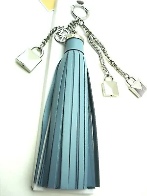 NWT Michael Kors Key Leather Tassel Charm Mercer Locks Pale Blue Silver Tone • $38