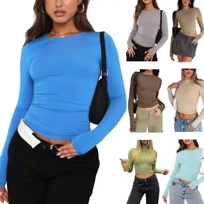 £10.34 • Buy Women Autumn Long Sleeve Skinny T-Shirt Crew Neck Basic Plain Tight Crop Top