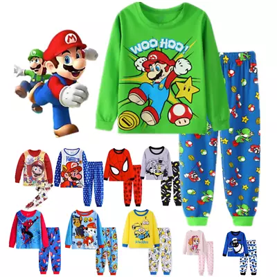 Kids Boys Girls Super Mario Pyjamas Long Sleeve T-Shirt Shorts Set Age 1-7 Years • £6.64