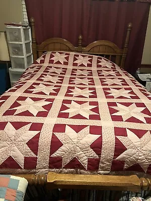 Vintage Beautiful Hand Stitched Star Quilt 86”x74” Full Size Floral & Burgundy • $115