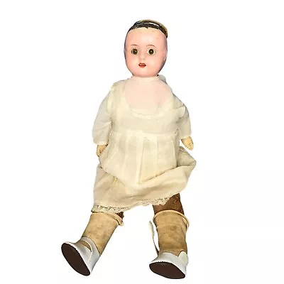 Vintage German Doll Metal Head Shoulders Straw Stuffed Cloth Body Brown Eyes Pap • $56.55