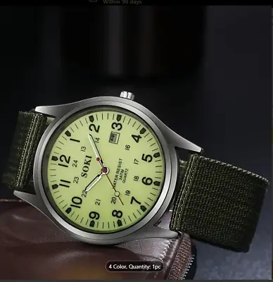 Mens Watch Field Military Army  Green Glow Dial Canvas Strap Ships From Cali. • $8.95