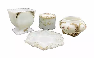 Antique Milk Glass Vanity Set Jars Plate Vase Embossed Dresser White 5 Pcs • $40.50