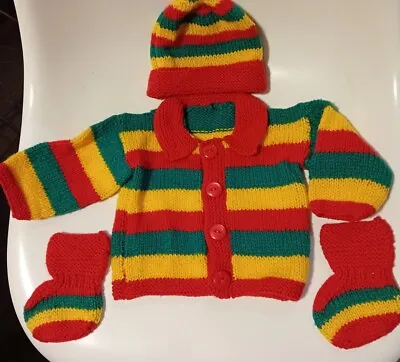 NEW Reggae Rasta Africa Colours Baby Outfit Set Handknitted Cardigan Hat Mittens • $18.94