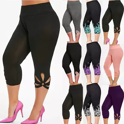 Plus Size Women Stretch 3/4 Capri Pants Ladies Cropped Sports Leggings Trousers • £11.29