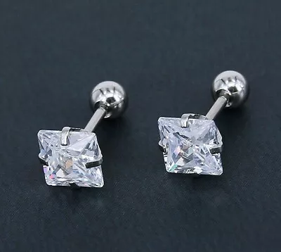 Surgical Steel Silver Square Screw Back Stud Earrings Cubic Zircon Men Women 2PC • $9.59