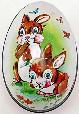 Vintage Metal Tin Litho Easter Egg Candy Container Bunny Rabbits Pink Hong Kong  • $19.95