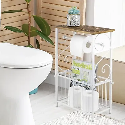 White Metal Bathroom Table Stand Storage Shelf With Dual Toilet Paper Holder • $75.99