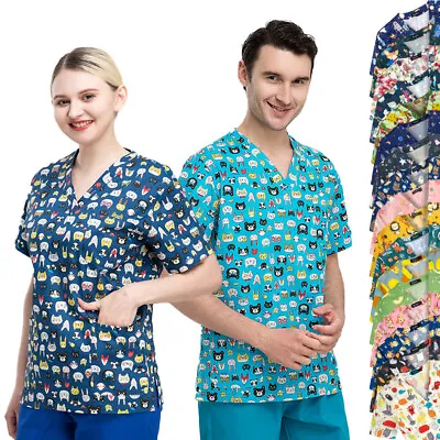 Cartoon Printing Scrub Tops V-Neck 100% Cotton Jacketing Women Men Uniforms • $10.19