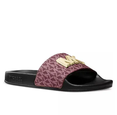 Women Michael Kors MK Gilmore Slide Sandals PU Big Gold- Tone MK Logo Dark Berry • $64.99