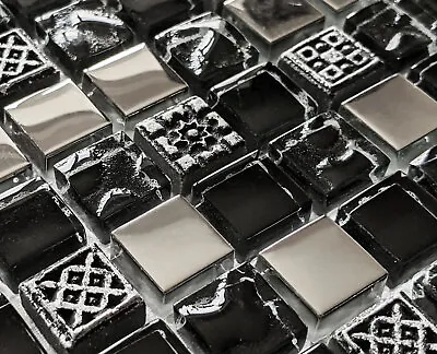 Ancient Textured Stone Square Jet Black Glass & Silver Chrome Mosaic Wall Tiles • £8.98