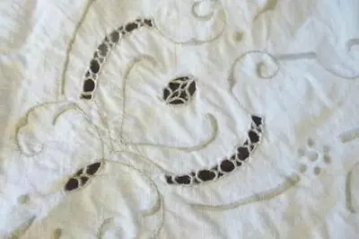 Vintage Madeira Hand Embroidered Cutout Cutwork Lace 57x83  Linen Tablecloth EUC • $27