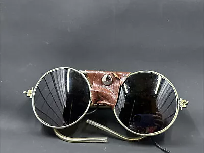 Vintage Am Optical Glass Motorcycle Goggles Leather Side Shield Green Steampunk • $99