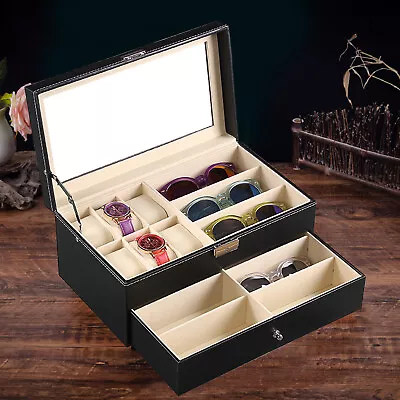 Mens Womens Watch Box 9+6 Slots PU Jewelry Case Glass Top Storage Organizer USA • $33