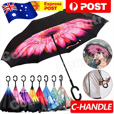 $15.50 • Buy Umbrella C-handle Reverse-Design Windproof Double Layer Upside Down Inverted AUS