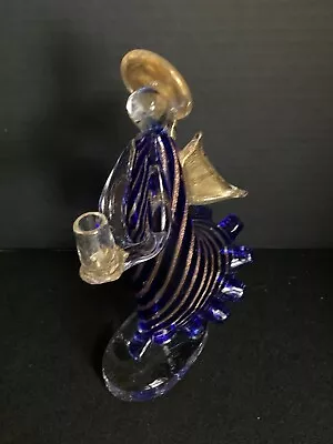 Vintage Murano Glass Gold Flecked With Blue Stripes Angel Candle Holder • $149.99