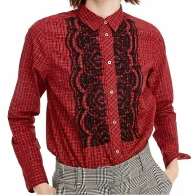 J Crew Womens Red Black Beaded Embellished Plaid Boy Shirt Top Blouse Size 4 • $24