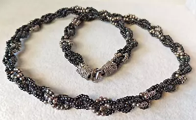  WH28 --lovely Unusual Multi-row Twisty Black Glass & Hematite Beads Necklace • £6