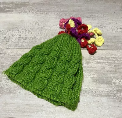 Tea Cosy Green Hand Knitted  Crocheted Flowers Cottagecore Fit 4 Cup Teapot • $14