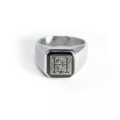 Stainless Steel Floral Monogram Letter H Mens Square Biker Flat Top Signet Ring • $14.50