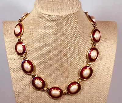Vintage MONET Red Enamel & Faux Pearl Cab Gold Tone Necklace ~ Adj. 16 -18  • $72