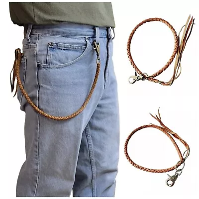 Brown Braided Leather Chain Lanyard Wallet Brass Silver Biker Trucker Handmade • $25.99