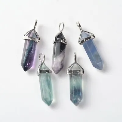 Rainbow Fluorite Gemstone Pendant Pointed Hexagonal With Silver Bail 5pcs • £6.99