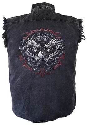 Mens Acid Washed Tiger And Dragon Denim Sleeveless Cutoff Biker Shirt            • $31.30