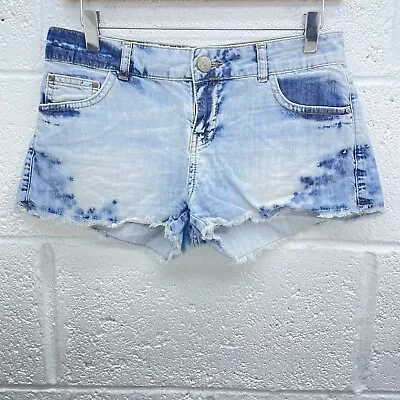 Select Acid Wash Blue Denim Shorts Fray Frill Hem Hotpants High Waist Y2k Uk 6 • £10.99