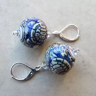 Turtle Mood Bead Sterling Silver Dangle Earrings W/ Austrian Crystal • $22.99