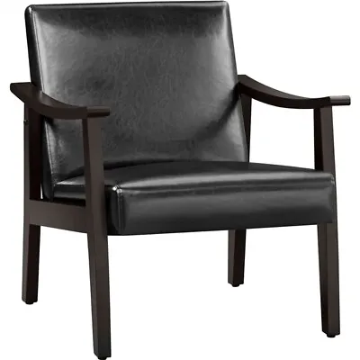 Faux Leather Armchair With Solid Wood Legs Upholstered Accent Chair Black • £54.99