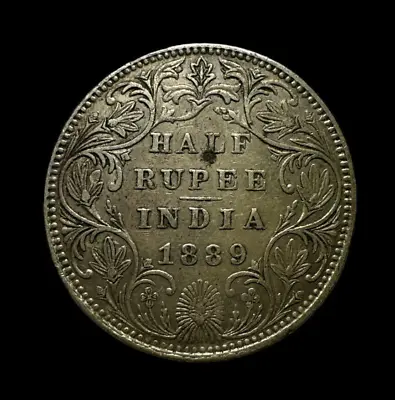 1889 British India 1/2 Half Rupee Queen Victoria Silver Coin Type II Raised B • $52.19