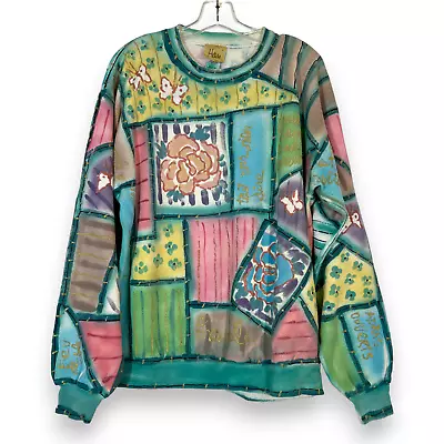 Vintage Sweatshirt Large Wearable Art Top Floral Hand Painted Blue Green Pink • $34.99