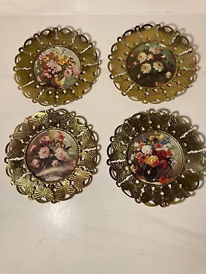 Set Of 4 Vintage Brass Butterfly Round Frames Flower Pictures Made In England • $18