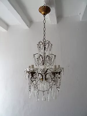 ~French White Opaline Murano Drops Crystal Swags Darling Chandelier C. 1920~ • $3199