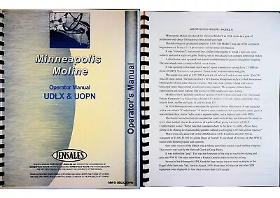 Minneapolis Moline UDLX UOPN Tractor Owners Operators Manual • $27.99