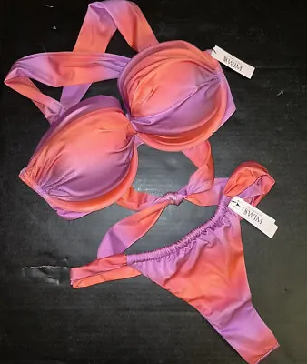 Victoria's Secret 36DDD BIKINI M Thong Bottom French Twist OMBRE PINK RED Lilac • $140.62