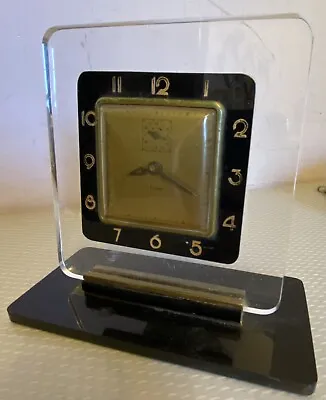 Elexa Vintage Art Deco Lucite Desk Alarm Clock Clear Black Square Gold Dial 6  • $24.95