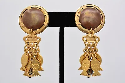 Vintage Fish Dangle Earrings Antiqued Brushed Gold Brass Metal Chunky 80s BinAZ • $30.36