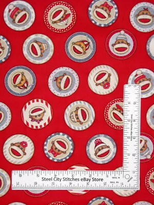 Sock Monkey Fabric Monkey Biz Toss Red Girl Boy Nursery Cotton By QT Yard • $10.98