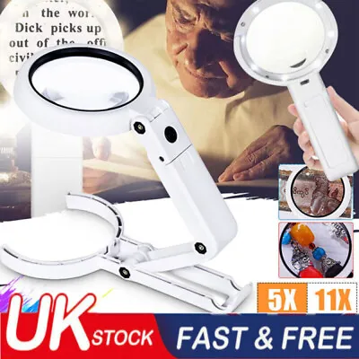 UK 5X/11X Magnifying Glass With 8 LED Light LAMP Magnifier Foldable Stand Table • £9.38