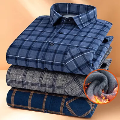 Mens Fleece Warm Fur Lined Button Collared Padded Plaid Tartan Shirt Jacket UK • £13.29