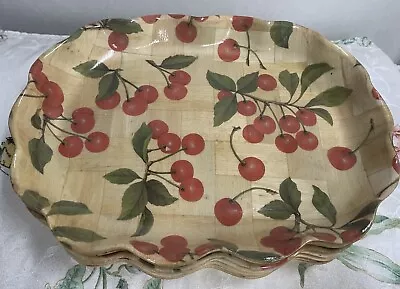 4 Vtg Cherries Bamboo Woven Plates Salad Lunch Cheese Fruit  Scalloped Pomerant • $45