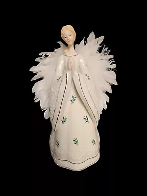 Vintage Christmas Angel Figurine~Porcelain~Holly Design Dress & Feathered Wings  • $24.99