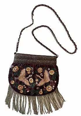 ZARA Beaded Embroidered Velvet Fringed Boho Shoulder Crossbody Chain Purse • £23.74