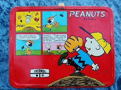 Vintage 1965 Peanuts Snoopy + Charlie Brown Red Metal Lunchbox Without Thermos • $35